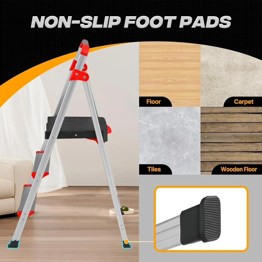 Taburete plegable de aluminio de 3 escalones con 2 pedales estrechos y 1 pedal ancho para adultos