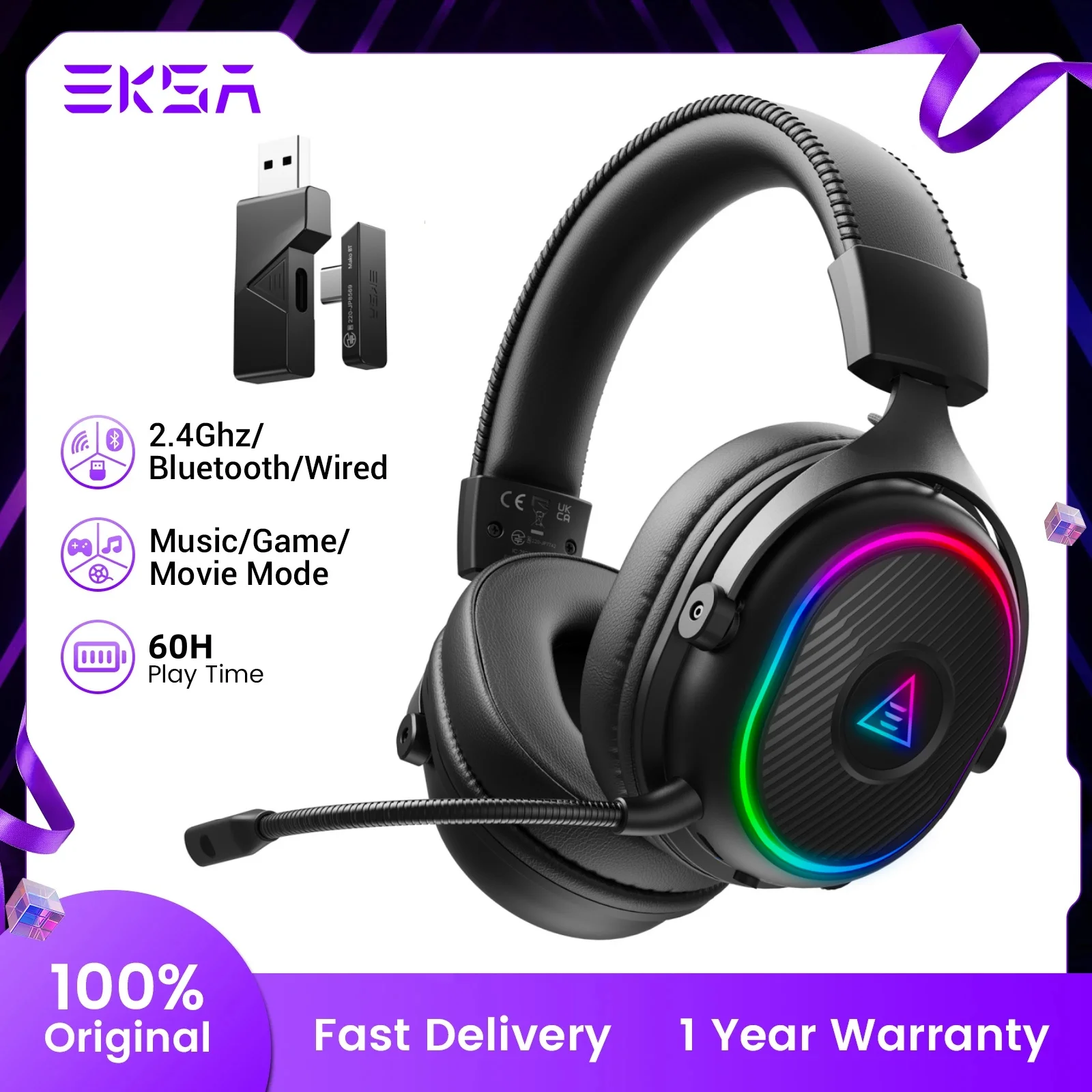 

EKSA Mako BT wireless headphones gaming 2.4GHz three-mode headphones Bluetooth 5.3 for PS4/5/Computer