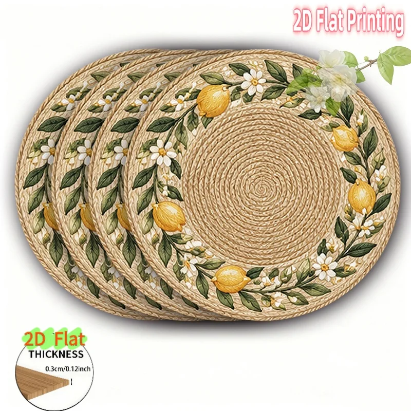 4-Piece Set of 2D Flat Printed Wooden Placemats, Imitation Rattan Lemon Flower Round Design - Home Decoration, Wedding, Anniversary, Holiday, Banquet, and Party