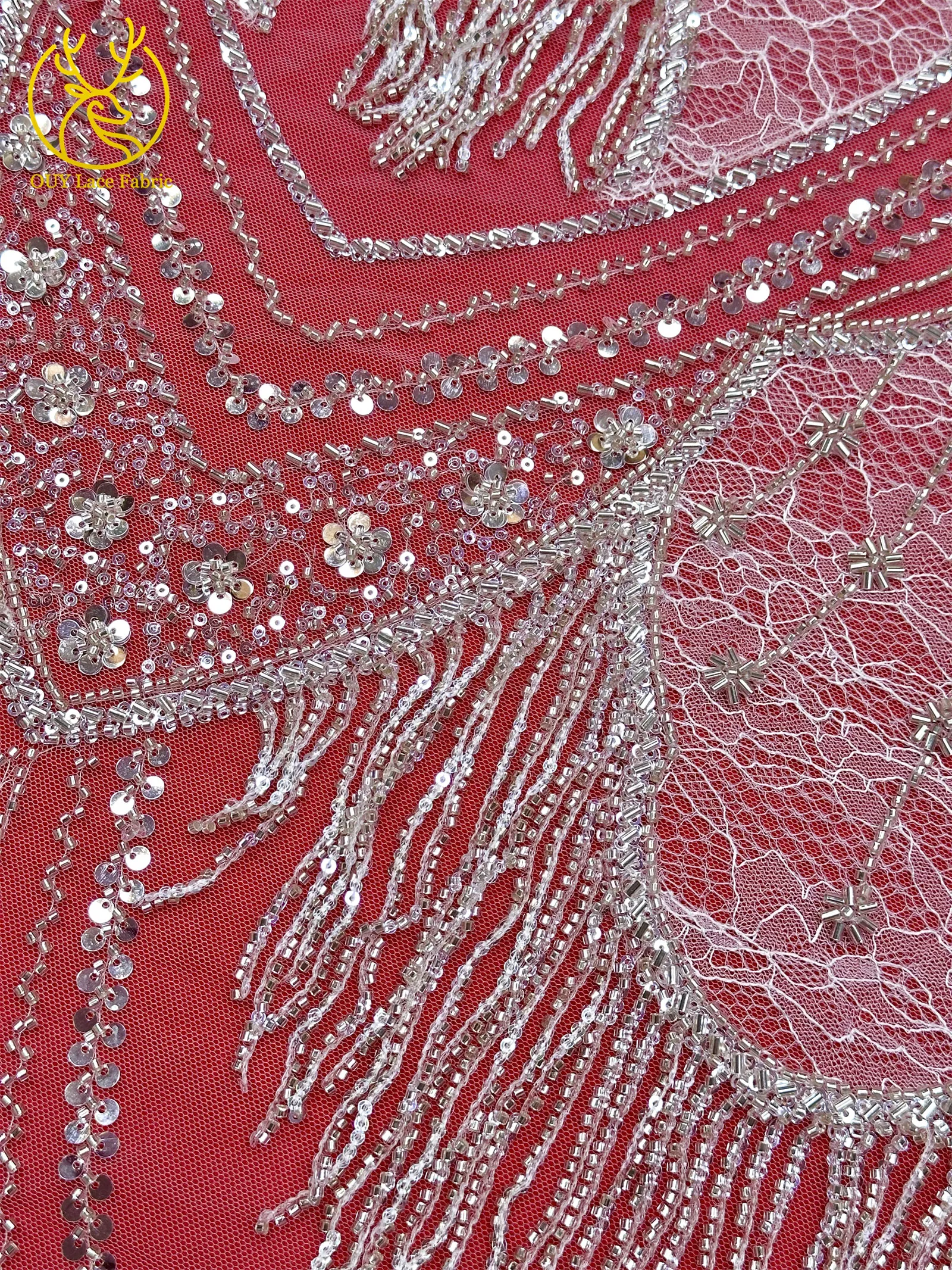 Neues Design 3D Laser Quasten-Perlen-Spitzenstoff Luxuriöser Hochwertiger Afrikanischer Pailletten-Spitzenstoff für Damen-Abendkleider zum Nähen – Detail 12