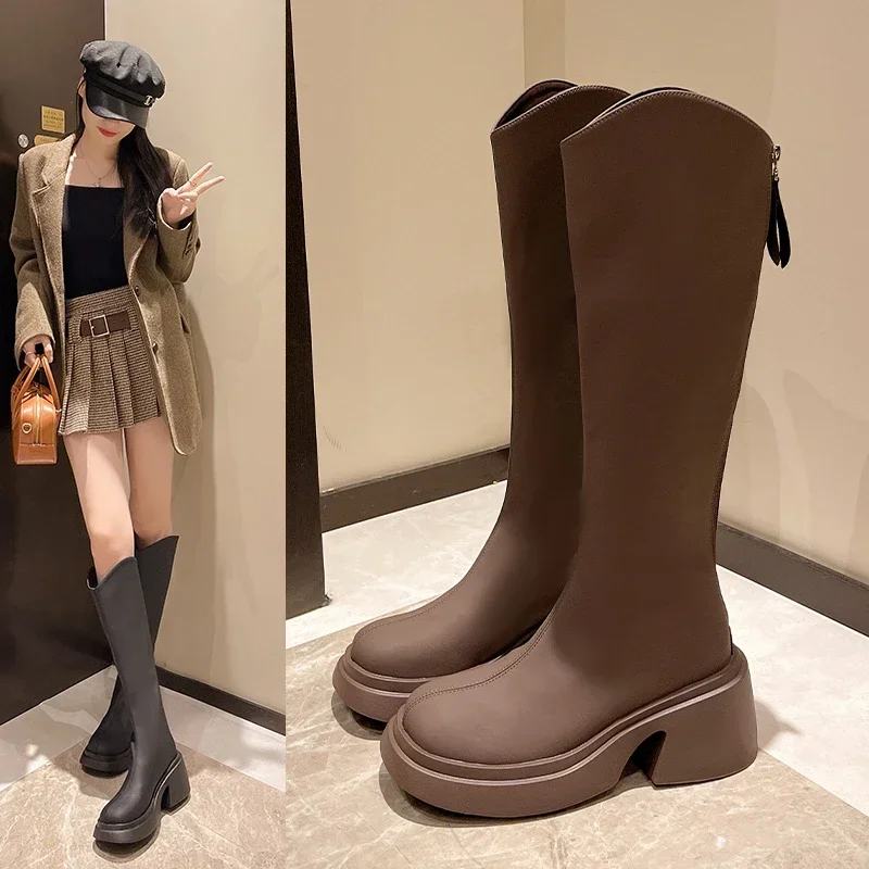 Novos sapatos femininos botas com zíper grosso salto alto simples grosso salto alto outono inverno botas joelho alto botas plus size