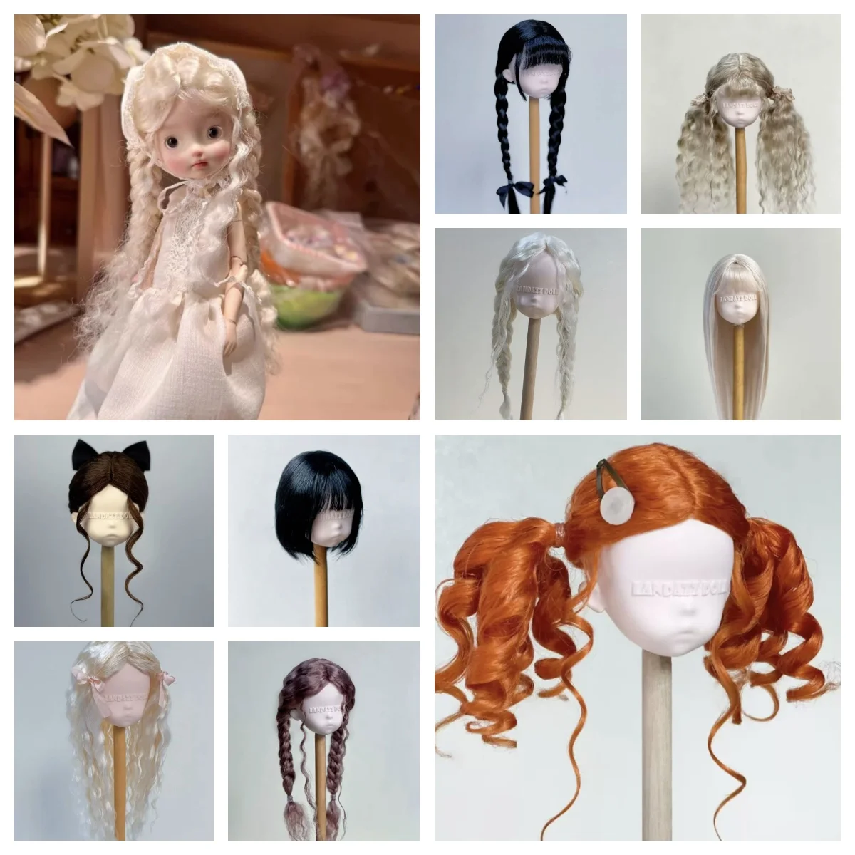 Handmade 1/6 BJD Mohair Wigs: Short Bob with Bangs, Wool Curls, Braided Bun & Ponytail - Pastel Blonde for Doll Photography