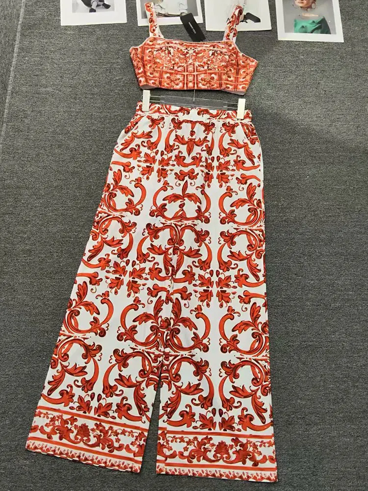 Elegant Retro Women's Suit Slim Collar Short Suspender Top with Elastic Waist Straight Pants Sexy Printed Two-Piece Summer Outfi