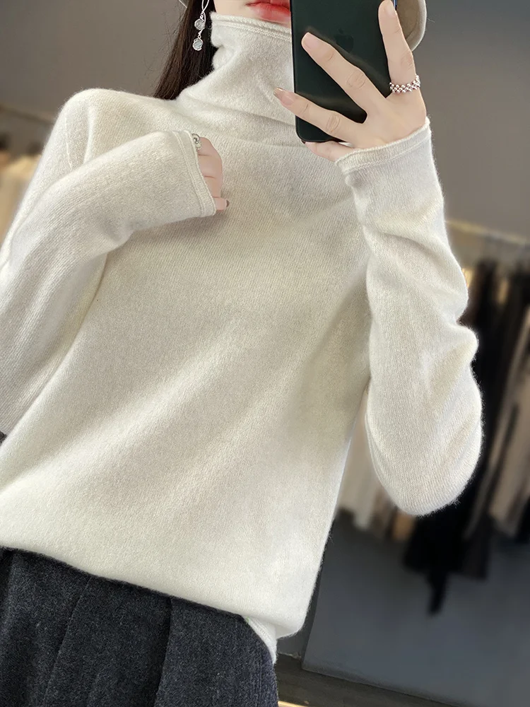Autumn Winter Women 100% Merino Wool Pullover Turtleneck Sweater Casual Korean Style Cashmere Knitwear Bottoming Clothing