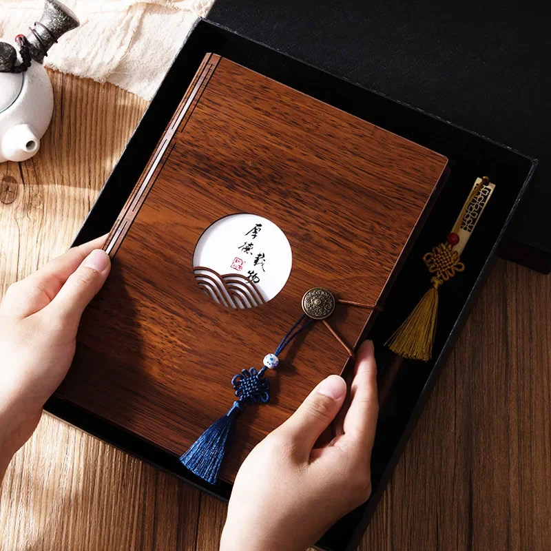 Notepad retro wooden notebook set, creative gift business custom logo Chinese style loose-leaf book a5 weekly diary