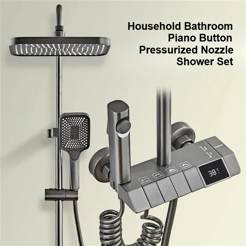 Shower System Shower Set Household Bathroom Piano Button Pressurized Nozzle Shower Set with Digital Display Gun Gray