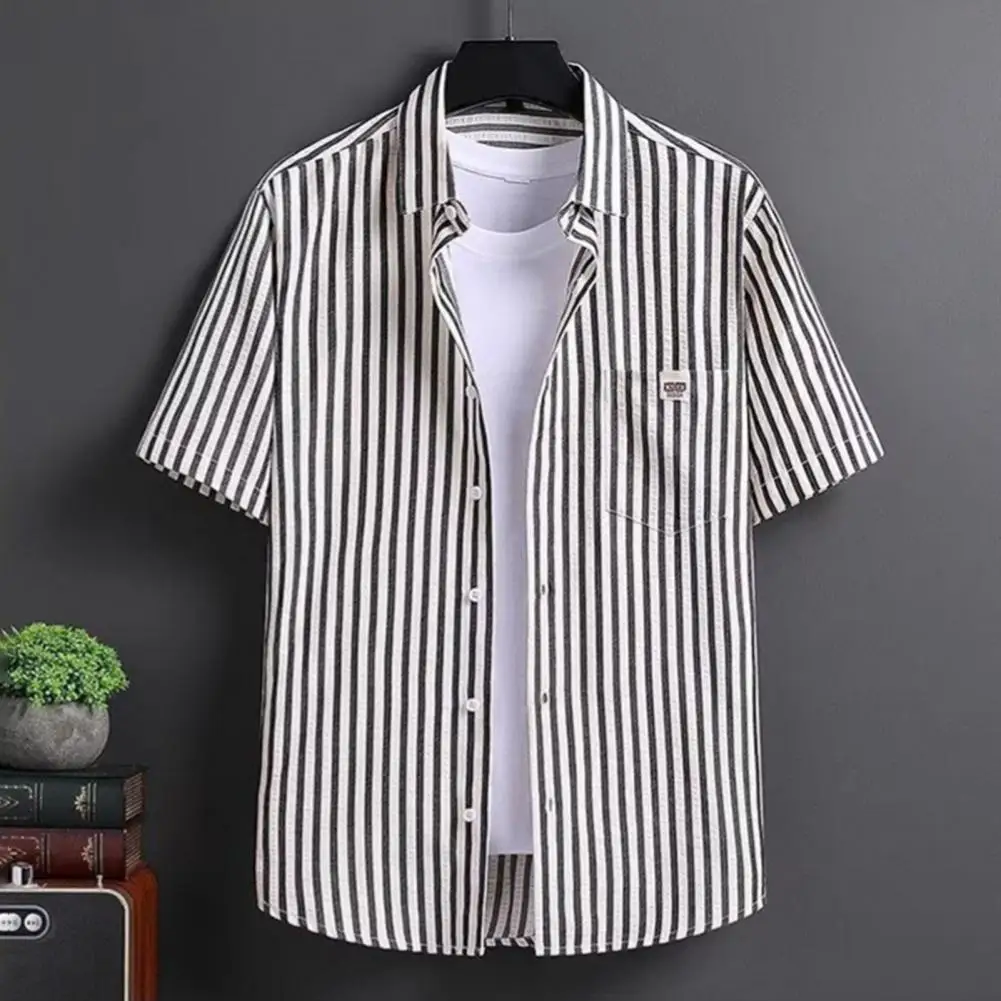 Lightweight Summer Shirt Loose Fit Shirt Men's Short Sleeve Lapel Shirt with Buttons Striped Print Casual Summer Top for Men