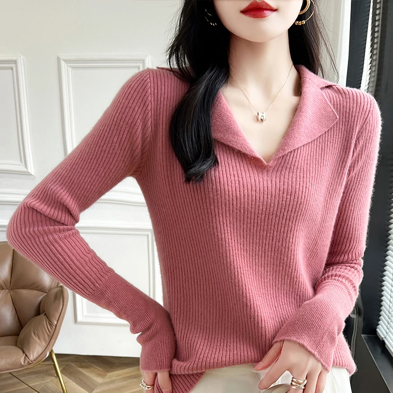 Women\'s pullover autumn/winter 100% wool sweater Japanese/Korean casual knit sweater Turn-down Collar Tops slim fit wear Blouse