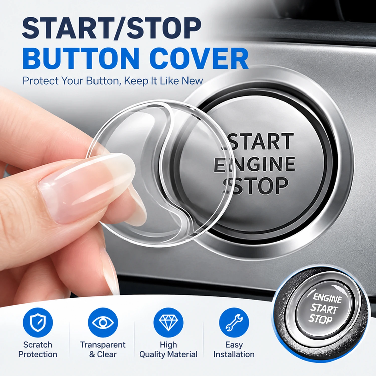 Crystal Transparent Protective Sticker for Car Ignition Switch Button, Suitable for Start/Stop Button Protection Sticker