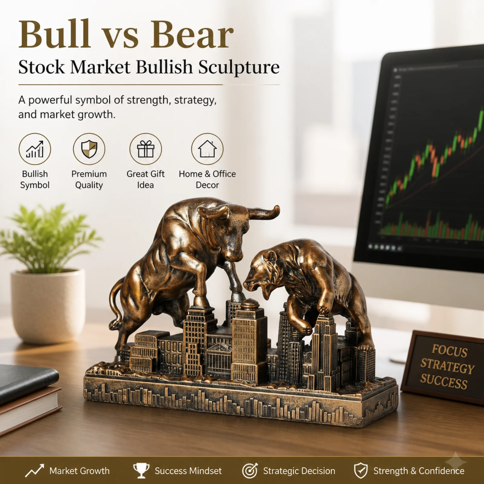 Bull and Bear Figurine Resin Craft Rising and Falling Market Figurine Statue 3D Cityscape Base Stock Market Sculpture for Invest