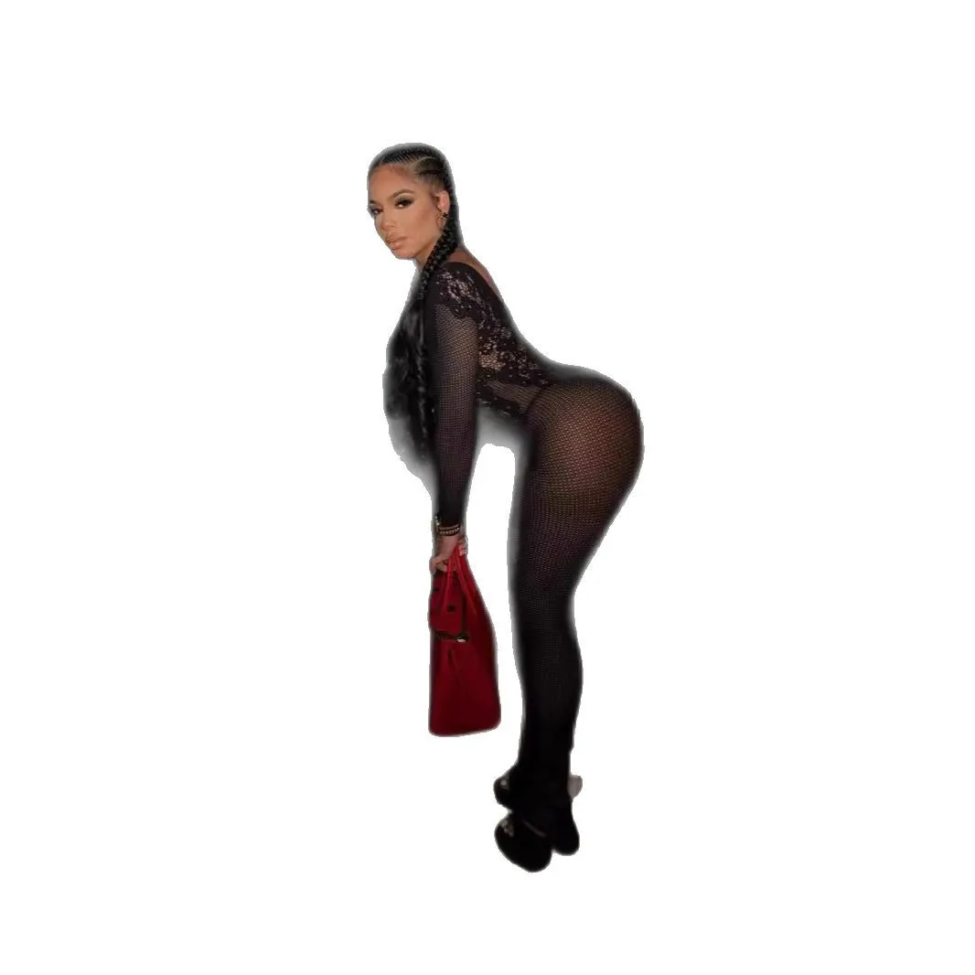 Mono negro transparente de retazos de encaje para mujer, peleles sexys de manga larga con espalda descubierta ajustados de una pieza, ropa para discoteca de medianoche 2025