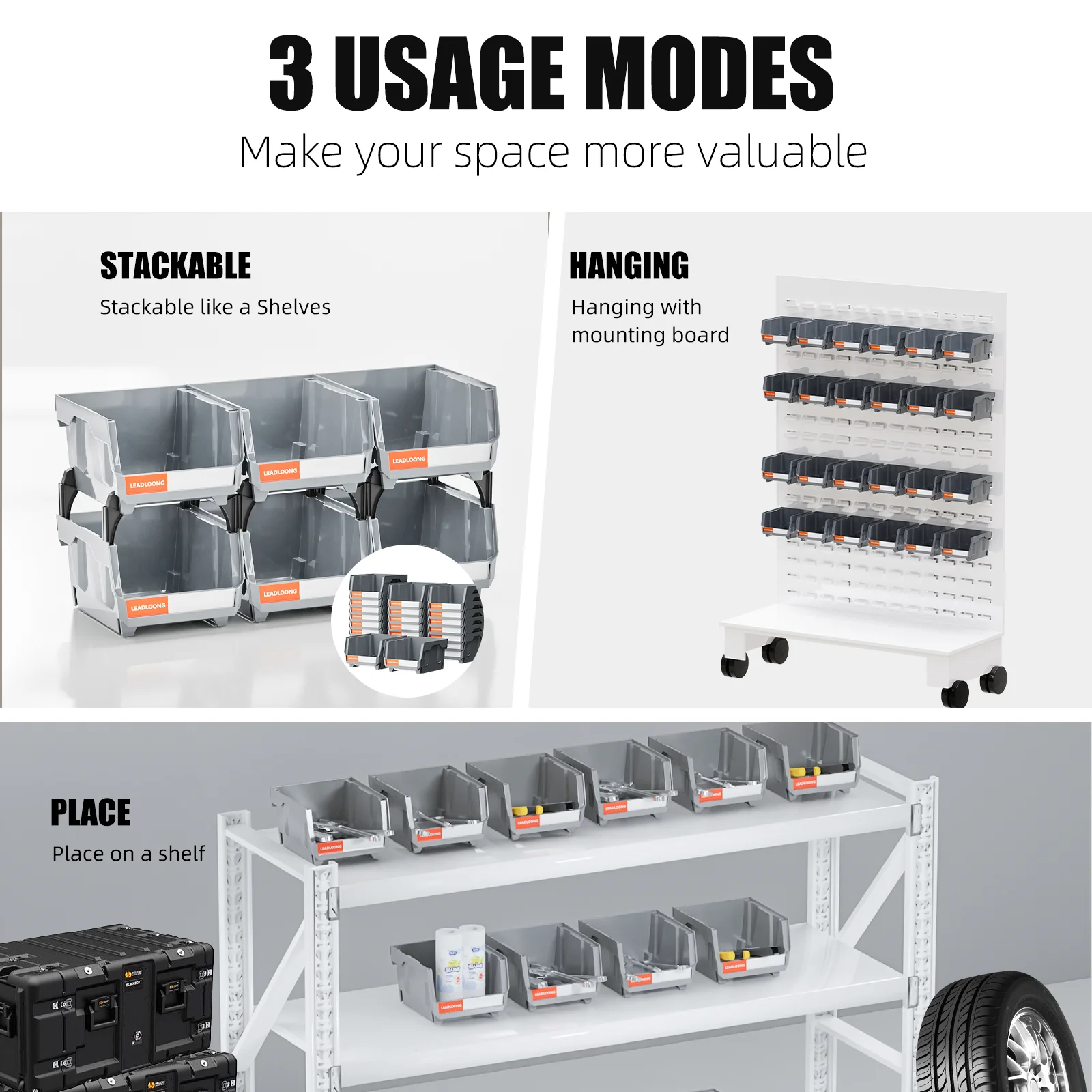 6/24pcs Gray Stackable Plastic Storage Box, Garage Storage Container, Garage Tool Storage And Organizer Box