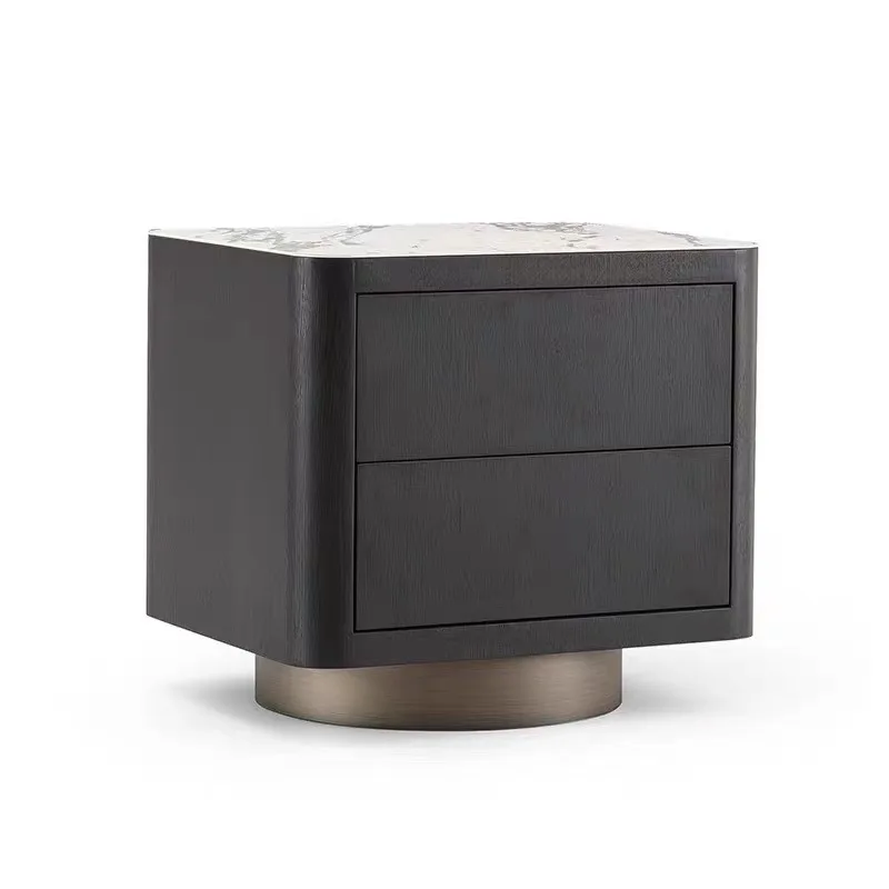 Italian minimalist smoky color solid wood bedside table metal paint rock slab  table bedroom living room