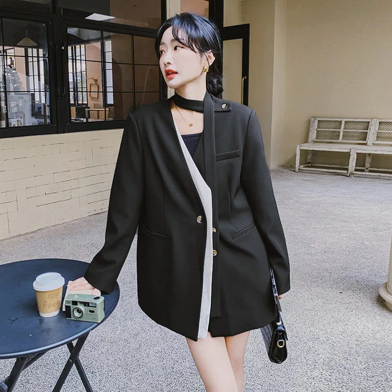 

EAEOVNI Patchwork Design Blazer Coat Women Fashion V Neck Bandage Button Contrast Color Jacket Vintage 2025 Autumn Winter New