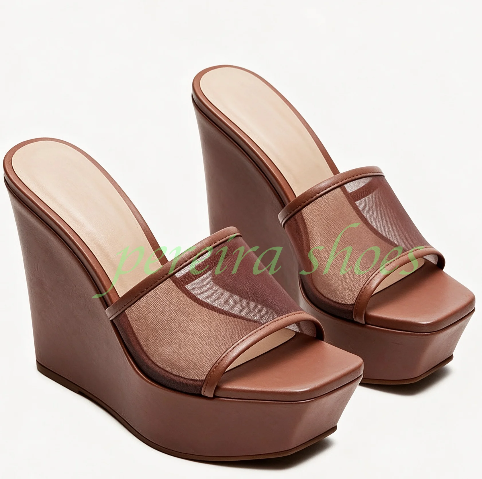 Sandalias de cuña con plataforma y punta cuadrada de malla marrón para mujer, estilo Y2K, sin talón, de tacón alto, para verano y vacaciones