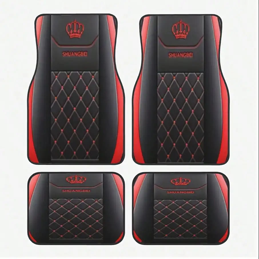 4-Piece Red Grid Car Carpet with Crown Pattern, Non-Slip All-Season Mat for All Car Models, Easy to Clean 4