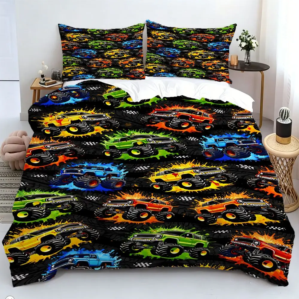 2/3Pcs Monster Truck Cartoon Duvet Cover Set, Vibrant Digital Print Bedding Set, for decorating bedrooms and dormitories