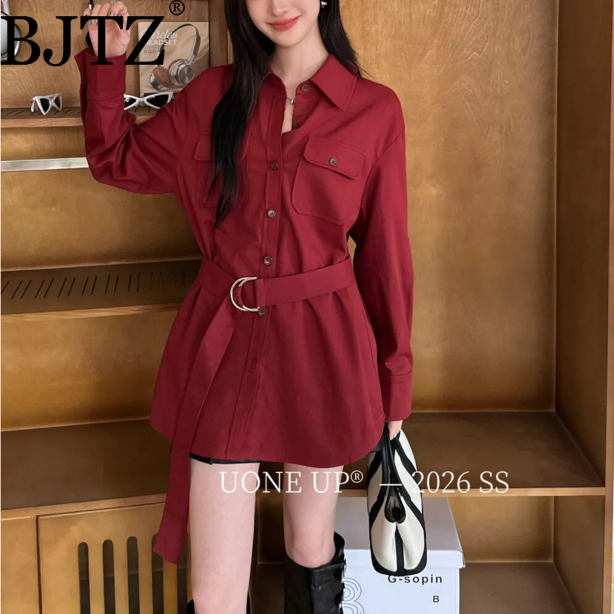 

BJTZ Элегантная блузка большого размера с лацканами, однотонные женские топы с поясом на талии и длинными рукавами, весна-лето