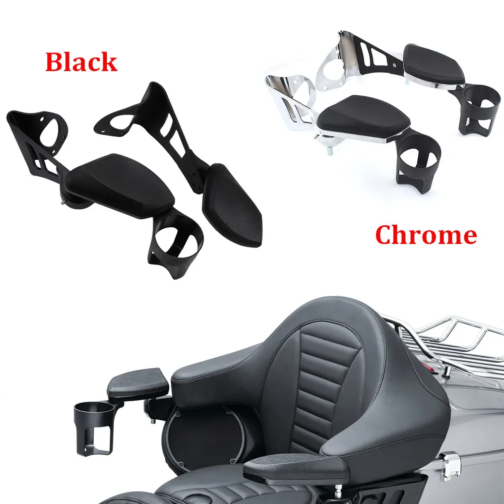 

New Motorcycle Adjustable Rear Passenger Armrests With Drink Cup Holder For Harley Touring Electra Street Road Glide 2014-2022