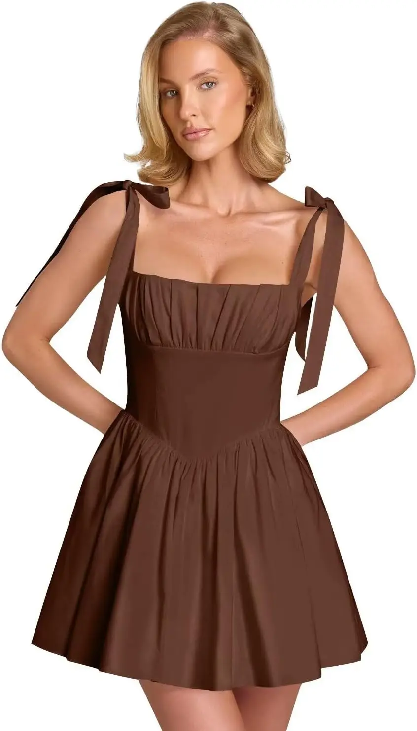 

Satin Bow Suspender Youth Back To School Dress,Backless A-line Short Cocktail Party Gown,Pleated Party Evening Gown with Pockets