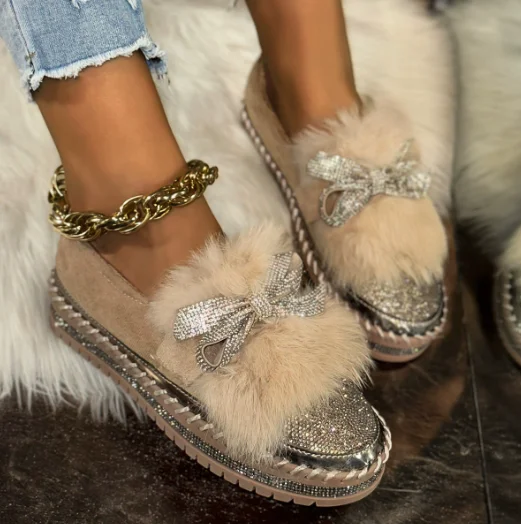 2026 Autumn & Winter New Style Women's Casual Loafers: Bow-Adorned, Rhinestone-Embellished with Fluff