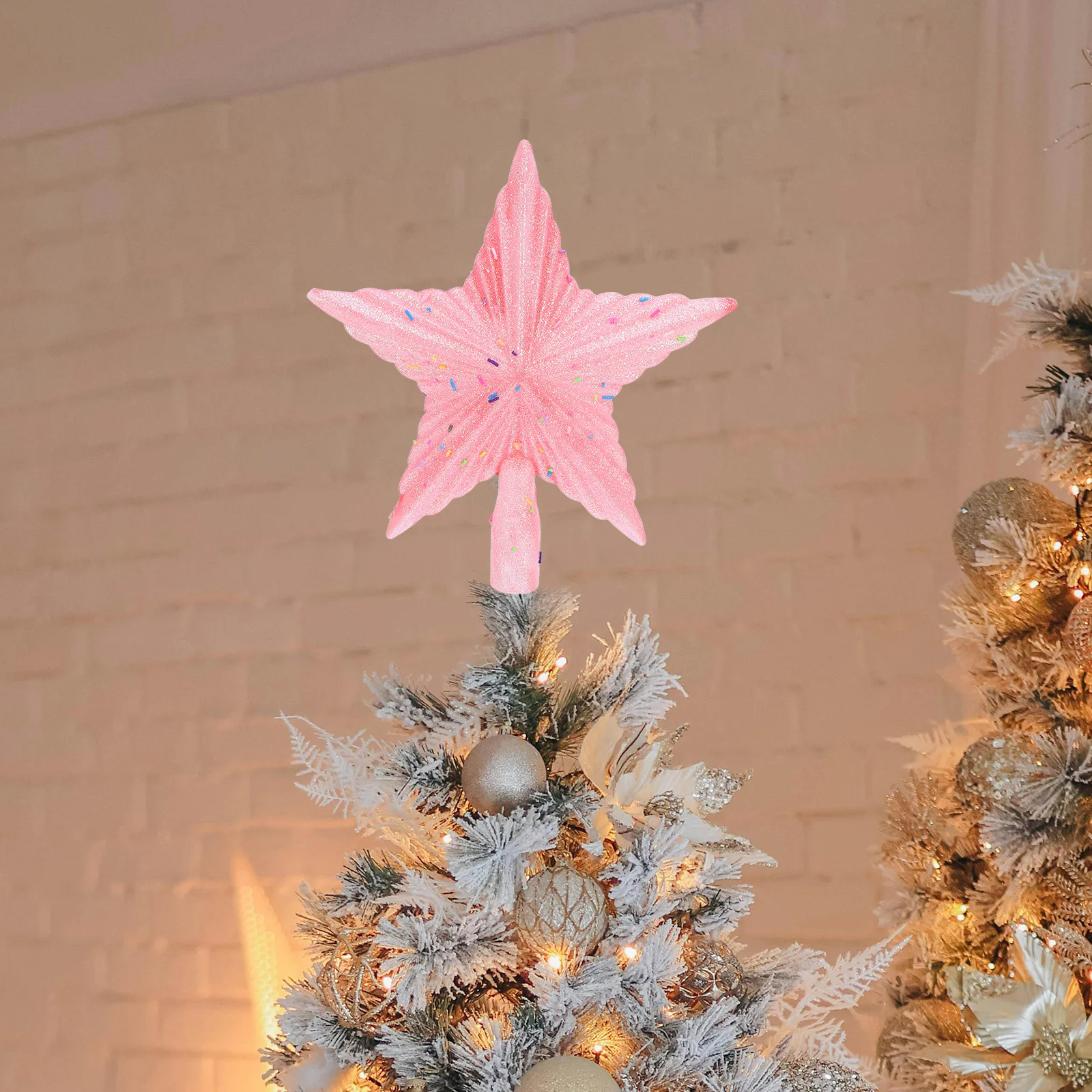 

Shatterproof 8 Inch Pink Glitter Star Christmas Tree Topper Five-Pointed Waterproof Xmas Treetop Ornament Home Party Decor