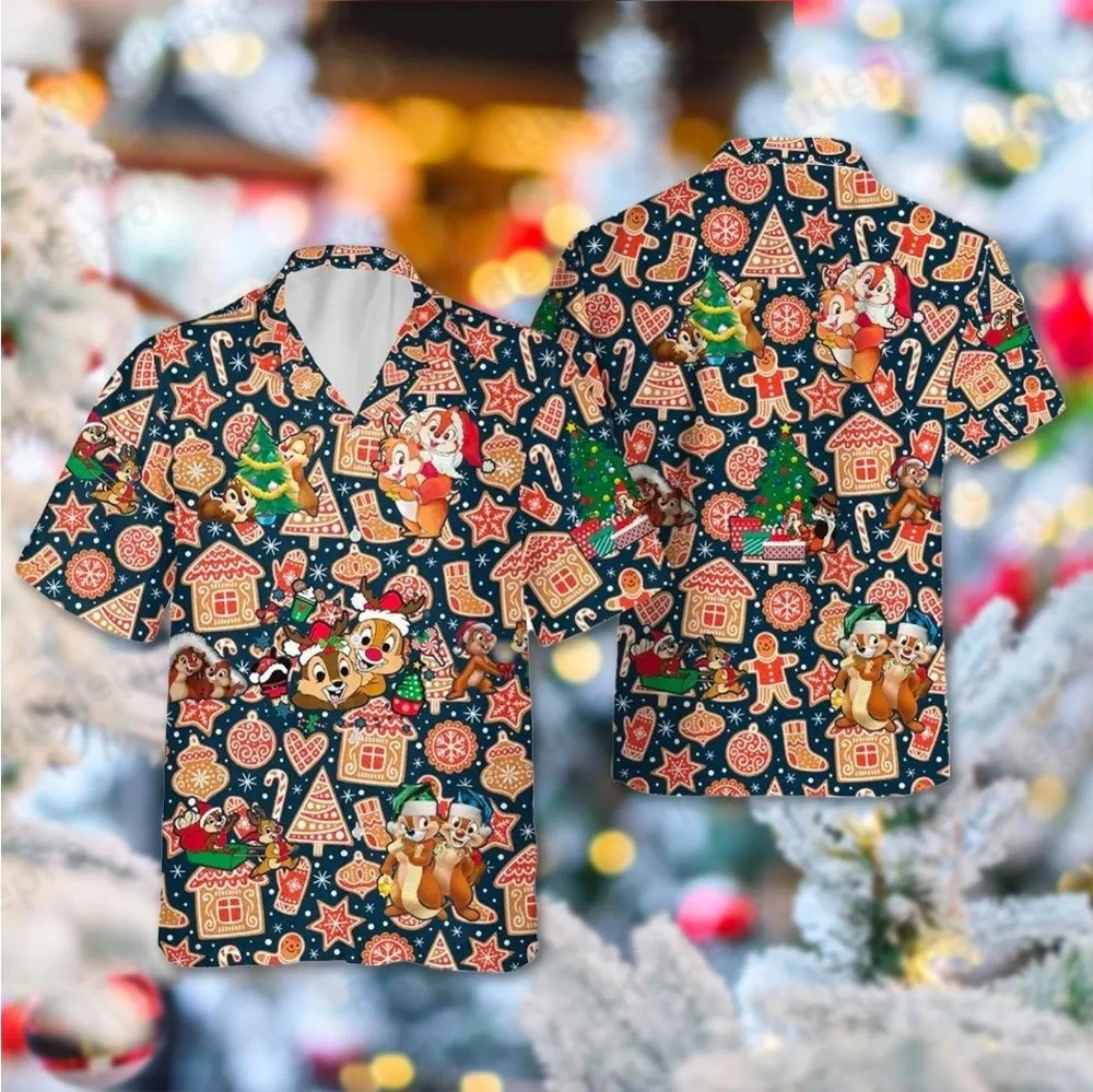 

Disney Chip and Dale Christmas Hawaiian Shirt Men's Women's Casual Short Sleeved Shirt Tops Cartoon Kids Button Up Beach Shirt