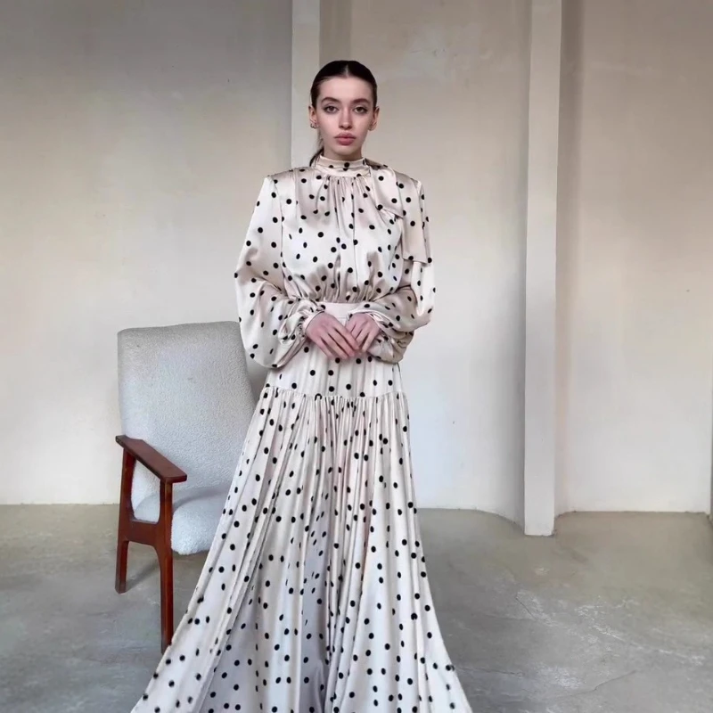 Damen Langes Kleid A-Linie Vestidos Stehkragen Laternenärmel Plissiert Gepunktet Elegant Schnürung Patchwork Party Nacht Y2k Streetwear 2026