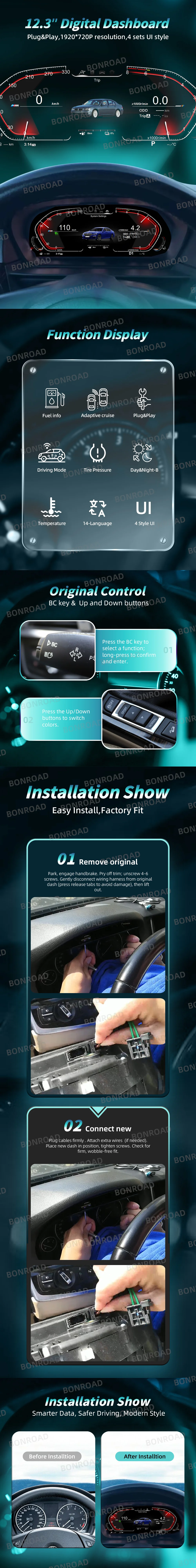 BONROAD 12,3-Zoll Digitales Auto-Armaturenbrett für BMW 5er Serie E60 E61 E62 CCC CIC Panel Tachometer Virtuelles Cockpit Instrumentencluster – Detail 1