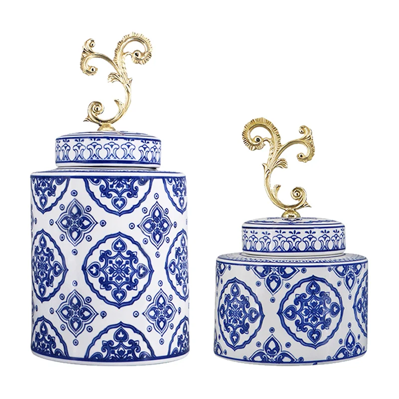 

European blue and white porcelain round jar American new Chinese style home dining table TV cabinet entrance vase decoration