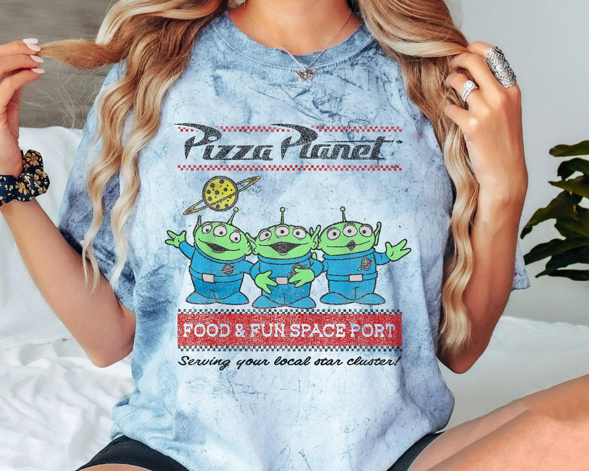 

Pizza Planet Aliens Food & Fun Space Port Print Women's Short Sleeve Casual Villains Men's T-shirt Tops