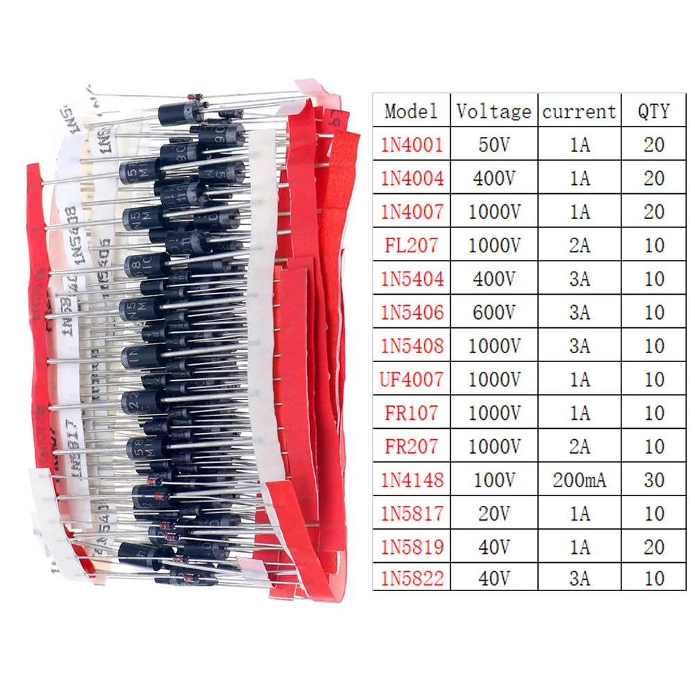 Diodo Zener DIP SMD de conmutación rápida, Kit surtido de diodos Schottky, 1N4148, 1N4007, 1N5819, FR107, FR207, 1N5822, 1N5408, SR5100, 6A10, 10A10