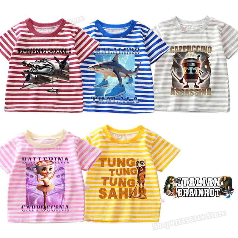 Italian Brainrot Funny Animals Print Striped T-shirt Abstract Tung Tung Sahur Tralalero Tralala Ballerina Cappuccino Tops Gifts
