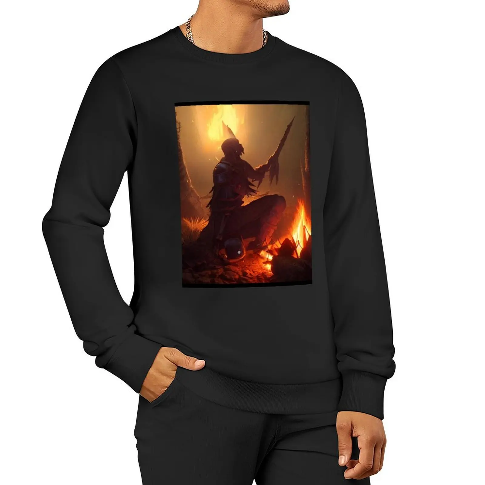 

Female Warrior Kneeling By The Bonfire Pullover Hoodie men's winter sweater streetwear men sweatshirt men