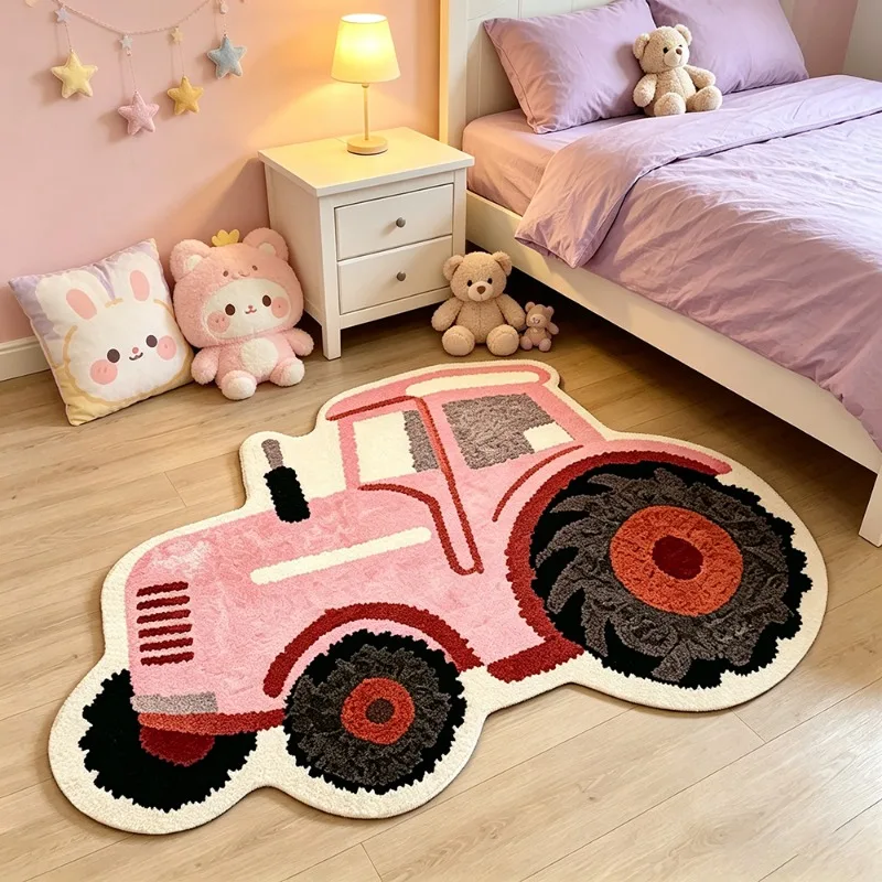 Cartoon Pink Tractor Kids Rug Soft Plush Non‑Slip Irregular Floor Mat Cute Vehicle Shape Carpet For Girls Bedroom Playroom Home