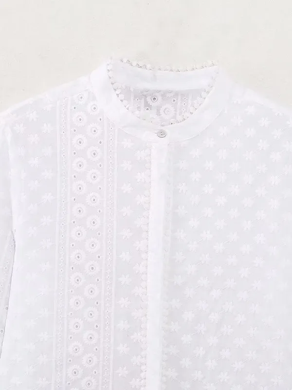 Nieuwe 20223 Dames Faionable Witte Ronde Ne Long Sve Geborduurde Top Veelzijdige Zomer Irt Pendelen Sle Pure Kleur Maar...
