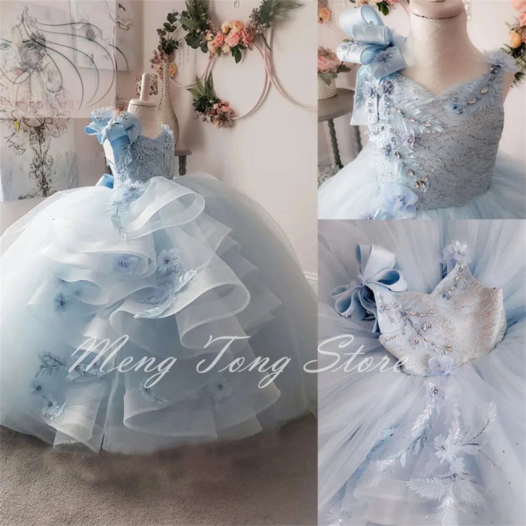 Vneck-vestidos azules sin mangas para desfile, lazo, lentejuelas, encaje con cuentas, vestido de niña de flores, tul escalonado, tren de barrido, vestido de fiesta para niños