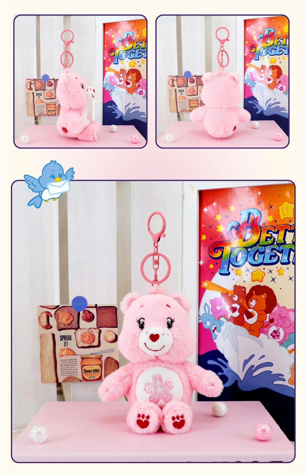 Care Bears Plüsch-Schlüsselanhänger mit Quietschgeräusch, 15 cm, süßer Bärenanhänger für Rucksack, Gepäck, Ornament, Dekoration, Kindergeburtstag, Weihnachtsgeschenk – Detail 4