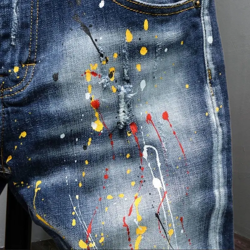 New High Quality Men's Clothing Casual Slim Pencil Pants Distressed Paint Patch Color Ink Graffiti Designer Long Jeans Trousers