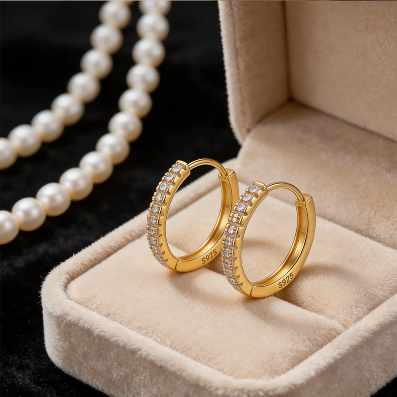 925 Sterling Silber Creolen für Damen, 14K Vergoldet mit Kubischem Zirkonia, Kleine Huggie-Ohrringe, Minimalistischer Schmuck, Geschenk für Sie – Detail 7