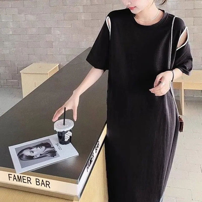 Casual Loose Solid Color Dresses 2024 Summer Short Sleeve Stylish Hollow Out Women\'s Clothing Round Neck Korean Split Long Dress