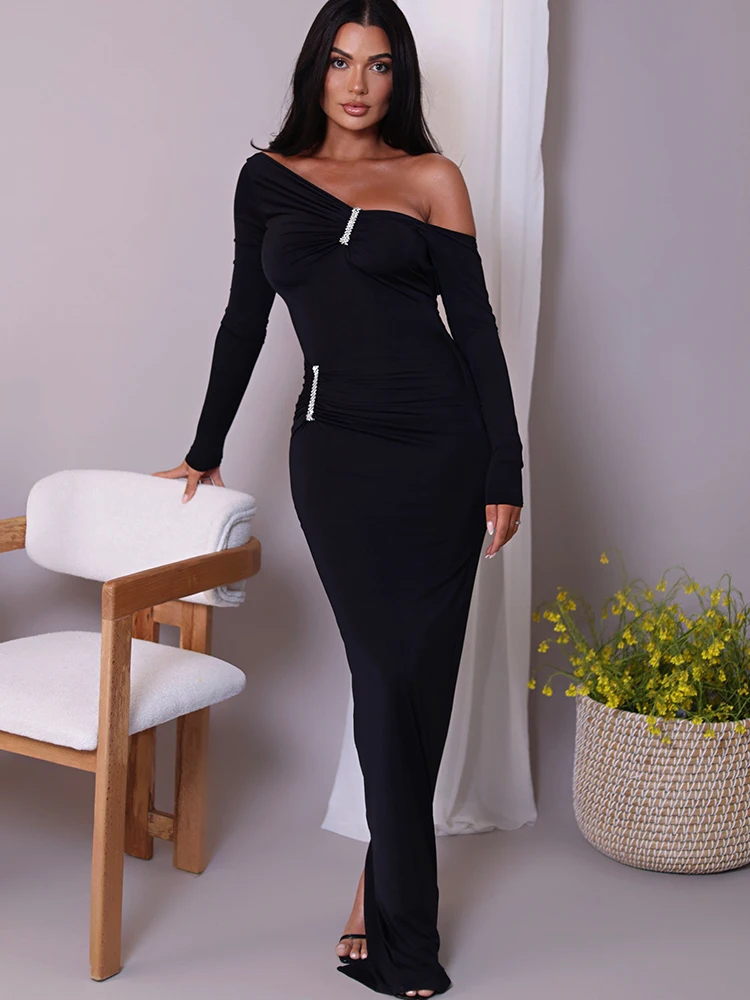 JULISSA MO Sexy One Shoulder Maxi Dress For Women Black Long Sleeve High Waist Evening Dress Autumn Slim Elegant Party Clubwear