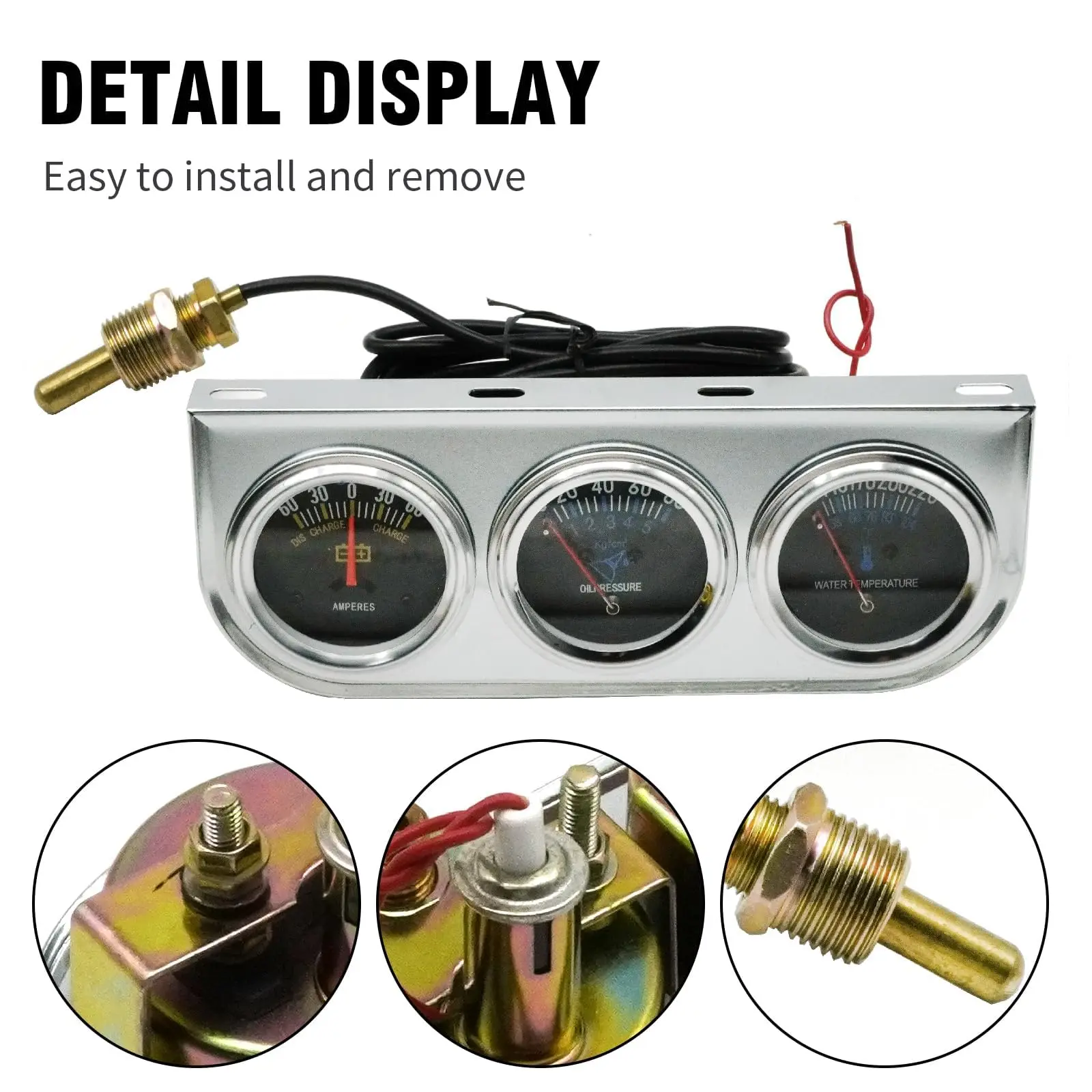 52mm Car Triple Gauge Set Mechanical Chrome Plated 3 in 1 Ammeter Oil Pressure Water Temperature Meter Kit DC12V