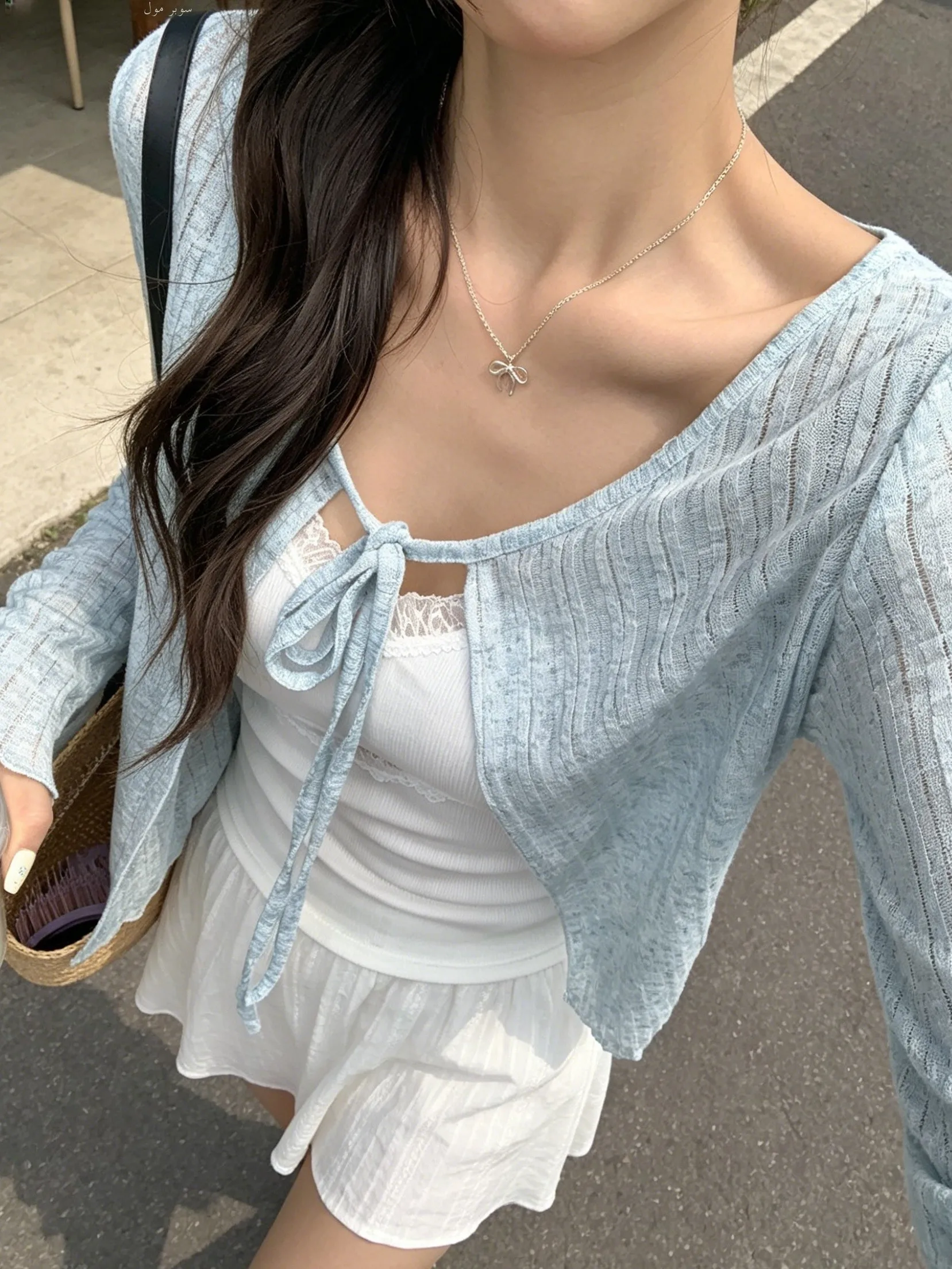 Blue Gentle Wind Knitted Cardigan Women's Summer Lightweight Loose Outerwear Short Top with Rope Tie Slim Fit Long Sleeve