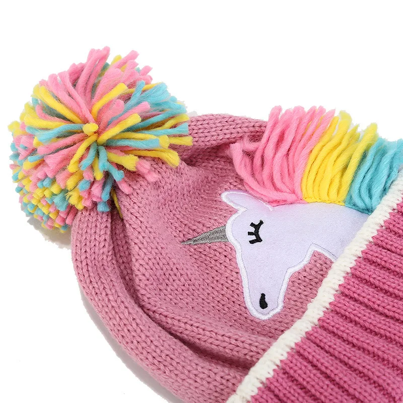 3-teiliges modisches Kinder-Winter-Einhorn-Mütze, Halstuch, Handschuhe, Set für 3–6 Jahre, gestrickt, warm, Schal, Mütze, Kinder-Beanie-Mütze