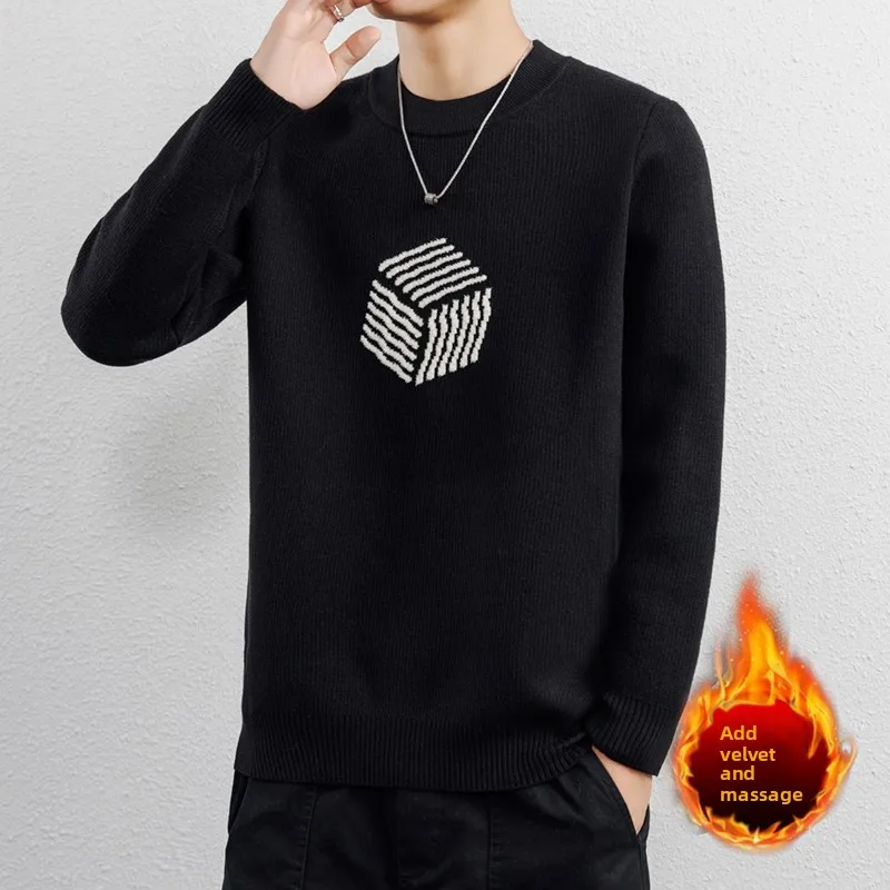 

Мужской утепленный свитер с круглым вырезом и флисовой подкладкой, осенне-зимний, вязаный, модный, премиум-класса, с геометрическим узором
