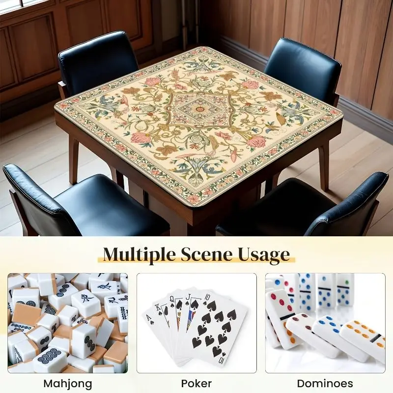 Square Mahjong Table Mat Vintage European Floral Scrollwork Print Non‑Slip Silent Foldable Game Pad for Home Card Game Decor