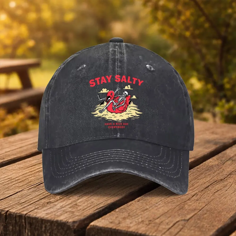 STAY SALTY Gorra de béisbol con estampado de calavera de flamenco, gorra unisex de moda con visera de pico de pato, adecuada para deportes al aire libre, fitness, viajes y actividades al aire libre