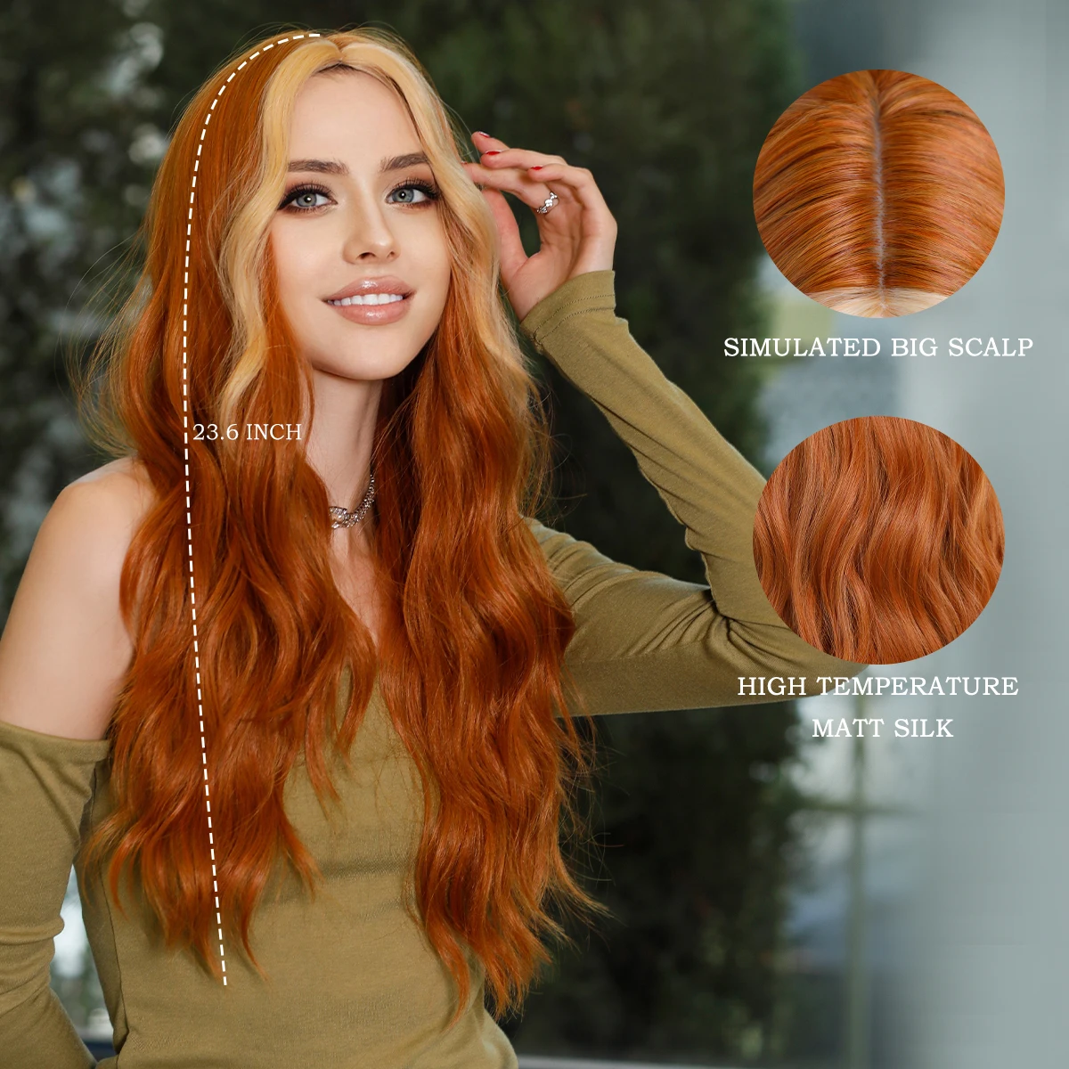 7JHH WIGS Bright Orange Long Wavy Women Wig Natural Synthetic Wigs with Bangs for Black Women Daily Party Cosplay Heat Resistant