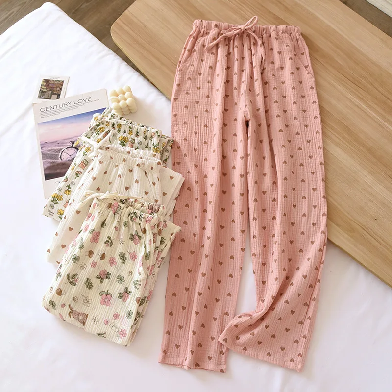 Pantalones de pijama de crepé de algodón para mujer, pantalones de dormir de cintura elástica, ajuste holgado, transpirables y cómodos, ropa de